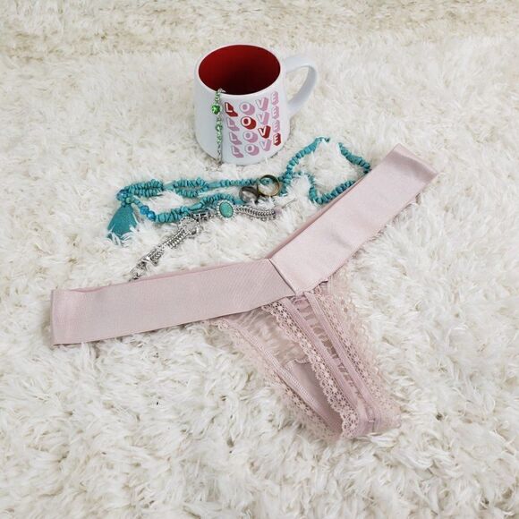 VS Brown Gold Lace Mesh high leg THONG MEDIUM - Picture 3 of 4